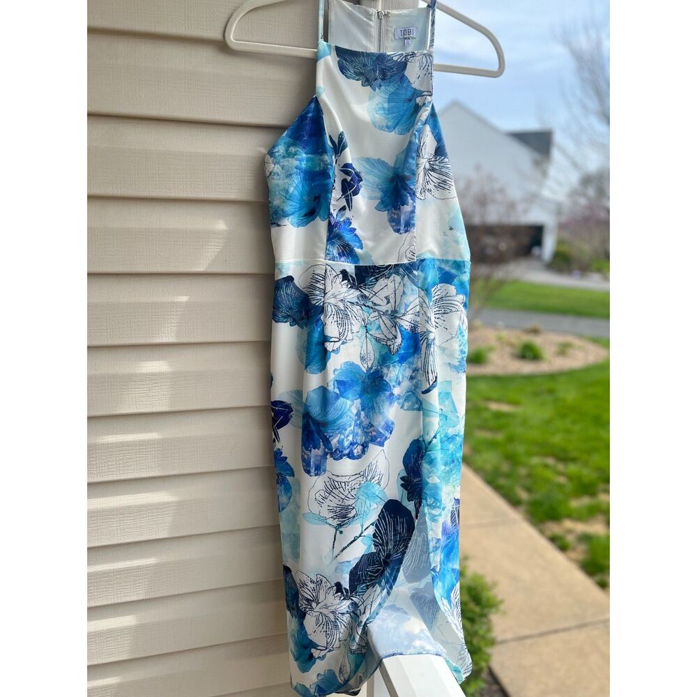 Womens Strappy Summer Dress Blue White Floral Pattern with Tulip skirt